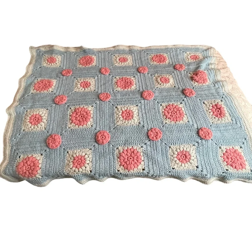 Vintage Handmade Floral Crochet Granny Square Grandma Throw Blanket Afghan - Picture 5 of 5